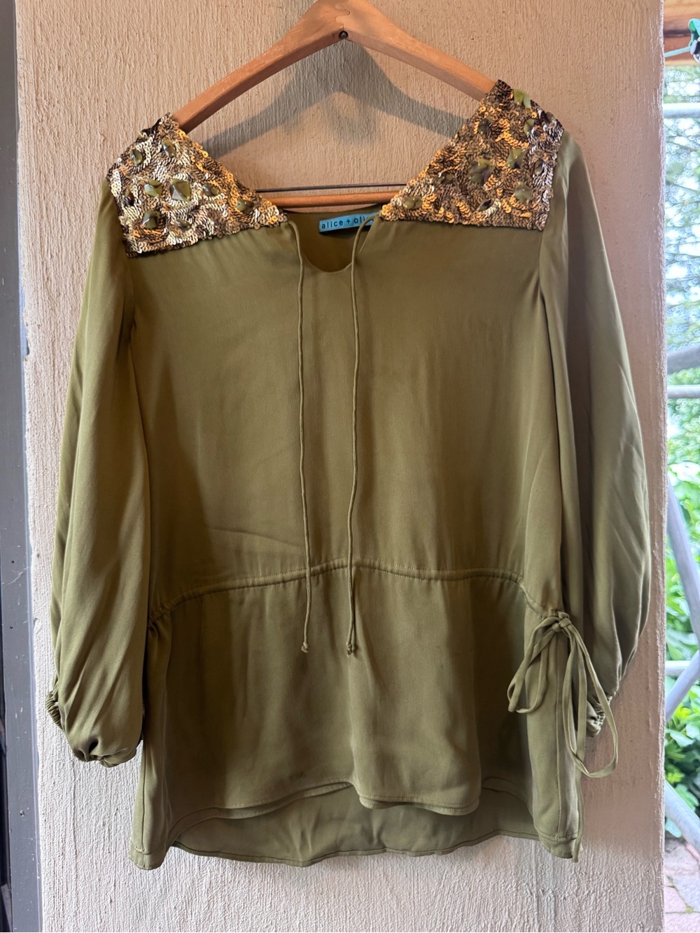 Alice + Olivia Olive Green Sequined Silk Top